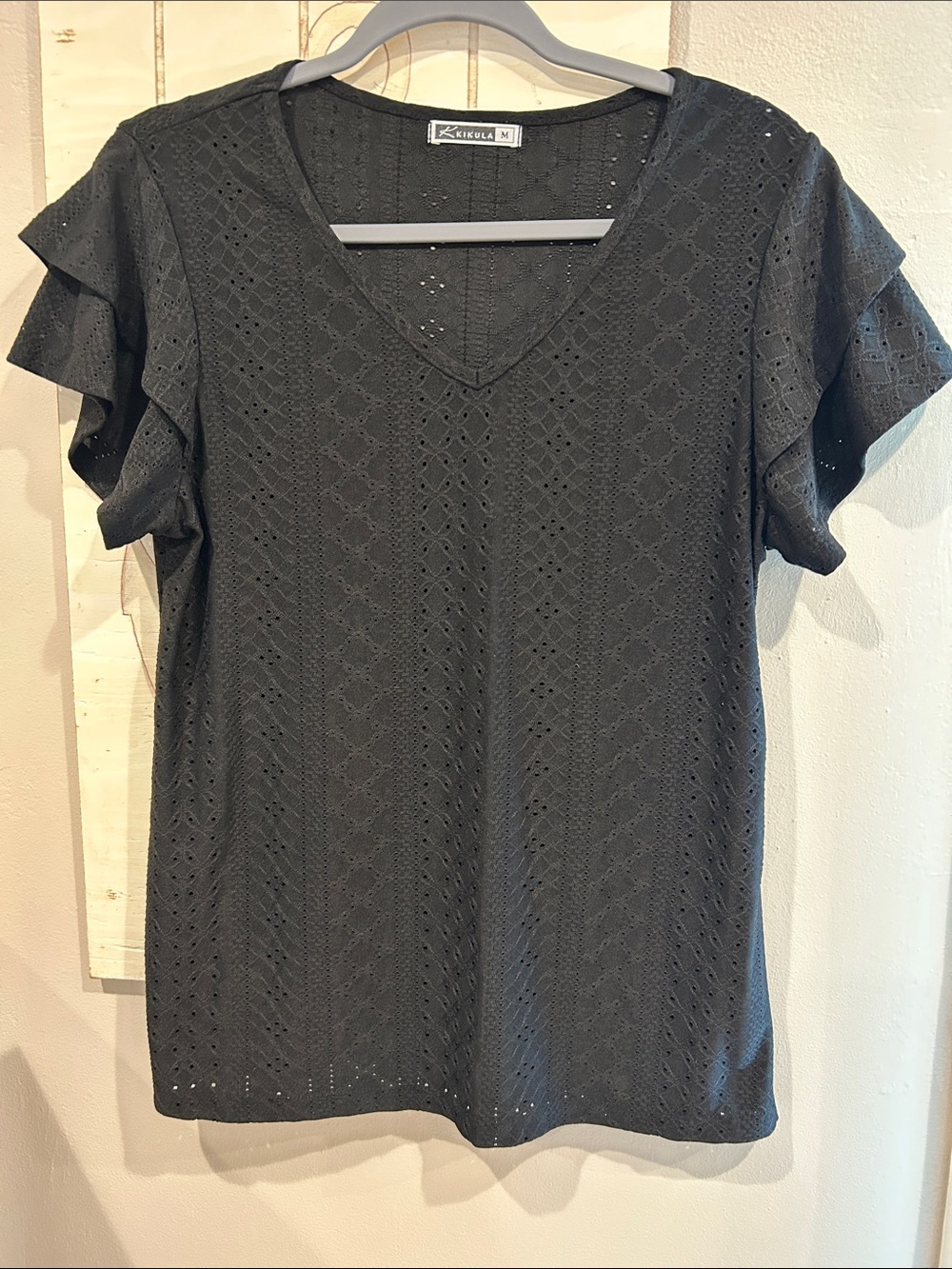 Black Eyelet V-Neck Flutter Sleeve Top